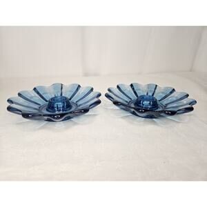 Vintage Federal Glass Candle Holders PAIR Celestial Ribbed Blue Glass 5 3/8" Art